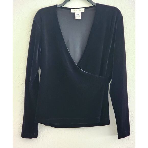 TOP/BLOUSE-CASUAL CORNER-Black Velvet-Low V-Neck Crossover-Long Sleeves-Size LRG - Picture 1 of 12